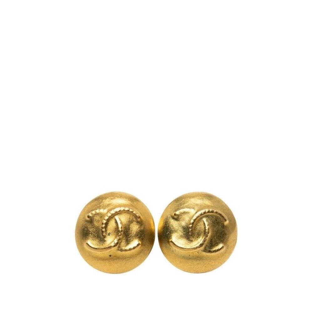 Chanel CC Logo Vintage Round Earrings 95C Engraved Gold Plated